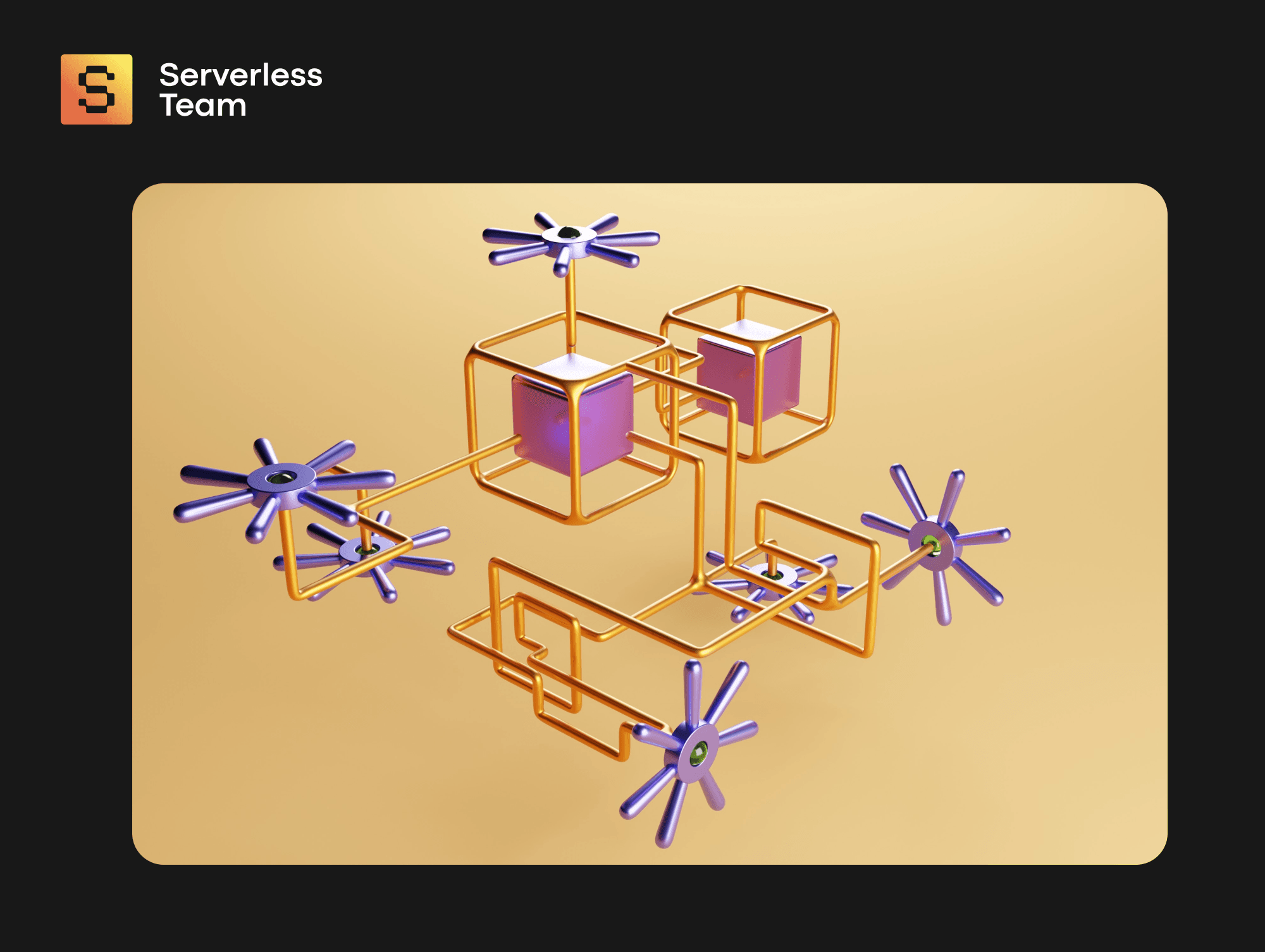A 3D render with several interconnected shapes which stands for complex software solutions